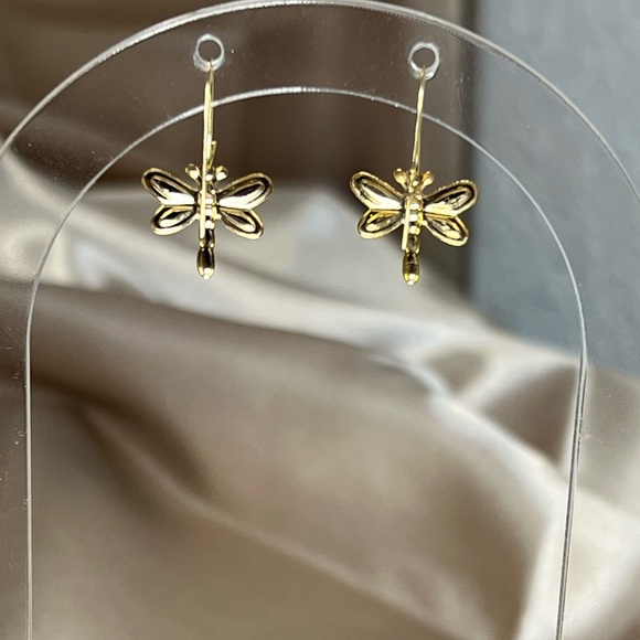 Vintage 14K Yellow Gold White Gold Dragonfly Drop Dangle Earrings Lightweight - Picture 2 of 9